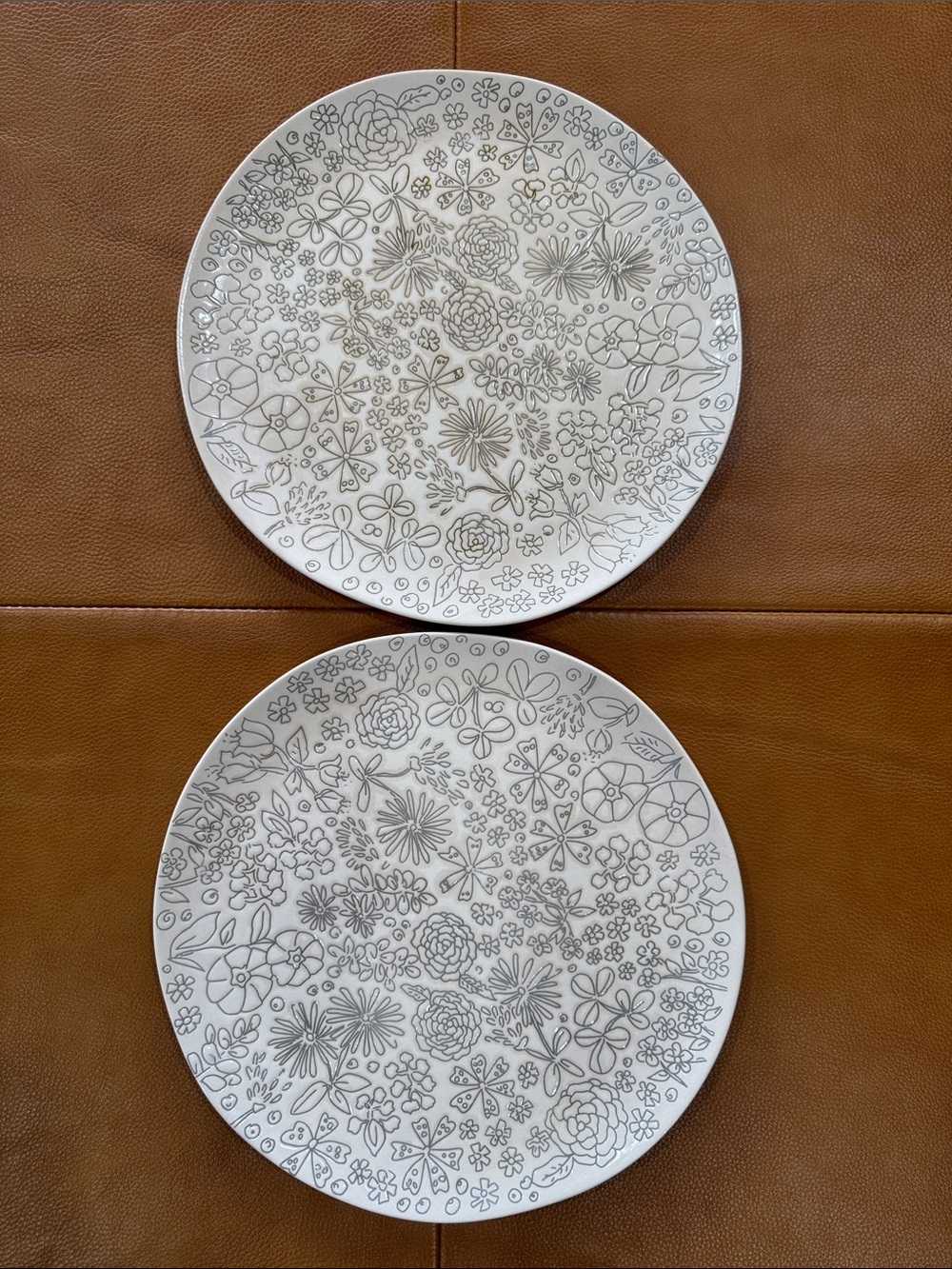 Two 11” cream Gray Floral Stoneware Dinner Plates Embossed Modern Cottage - Picture 5 of 8